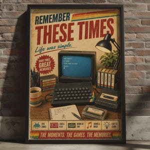 Könnte beinhalten: Ein gerahmtes Poster mit dem Titel REMEMBER THESE TIMES, das ein Vintage-Computer-Setup mit Monitor, Tastatur, Kassettenspieler und Tasse zeigt. Das Design enthält Texte wie Life was simple, GOOD TIMES GREAT MEMORIES und THE MOMENTS. THE GAMES. THE MEMORIES.