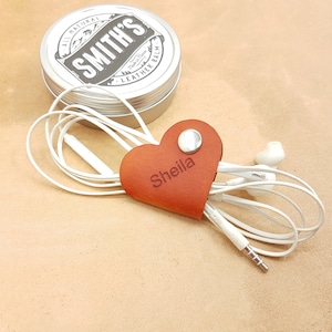 Love Heart Cable Wraps-Leather Earphone Wraps-Leather Earbud Wraps-Laser Engraved-Leather Cable Wrap