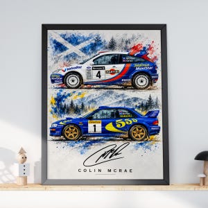 May include: A framed poster featuring two rally cars in a watercolour style. The top car is white and blue with number 4, and the bottom car is blue with gold wheels and number 1. The print includes the signature of Colin McRae and his name.