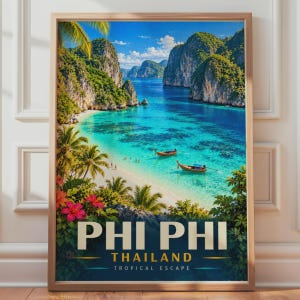 May include: A framed travel poster featuring a vibrant tropical beach scene in Phi Phi, Thailand. The image displays turquoise water, limestone cliffs, palm trees, and two traditional long-tail boats. The text reads PHI PHI THAILAND TROPICAL ESCAPE.