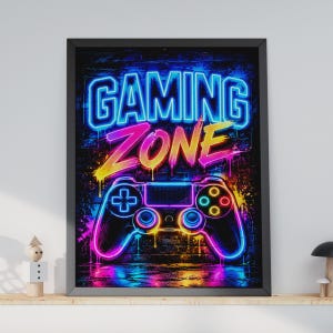May include: A framed wall art print featuring a neon-style graphic of a video game controller against a dark brick wall background. The text GAMING ZONE is displayed in bright blue and yellow neon lettering above the controller illustration.