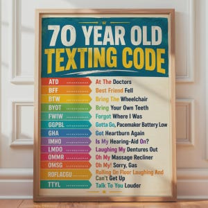 May include: A framed poster titled 70 YEAR OLD TEXTING CODE in bold blue and yellow text. It lists humorous acronyms like ATD for At The Doctors, BFF for Best Friend Fell, and TTYL for Talk To You Louder, each on a colourful horizontal arrow graphic.