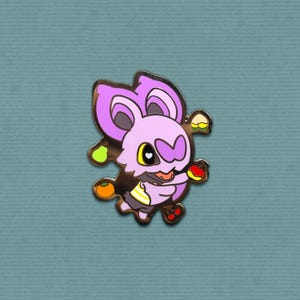May include: Purple and white cartoon character with large ears and a heart-shaped nose. The character is holding a red apple and a yellow pear. The character is surrounded by other fruit, including a yellow pear, a red apple, and a yellow peach.