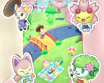 Könnte beinhalten: Eine farbenfrohe Illustration mit Cartoon-Charakteren in japanischer Kleidung. Die Szene zeigt eine Brücke, einen Fluss und Kirschblütenbäume. Mehrere Aufkleber der Charaktere sind um die Illustration herum platziert, wodurch ein geschichteter Effekt entsteht. Die Charaktere sind in verschiedenen Posen.