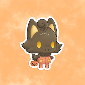 May include: A black and orange cartoon cat wearing a pumpkin costume and holding a small pumpkin bucket. The cat has yellow eyes and a curled tail.