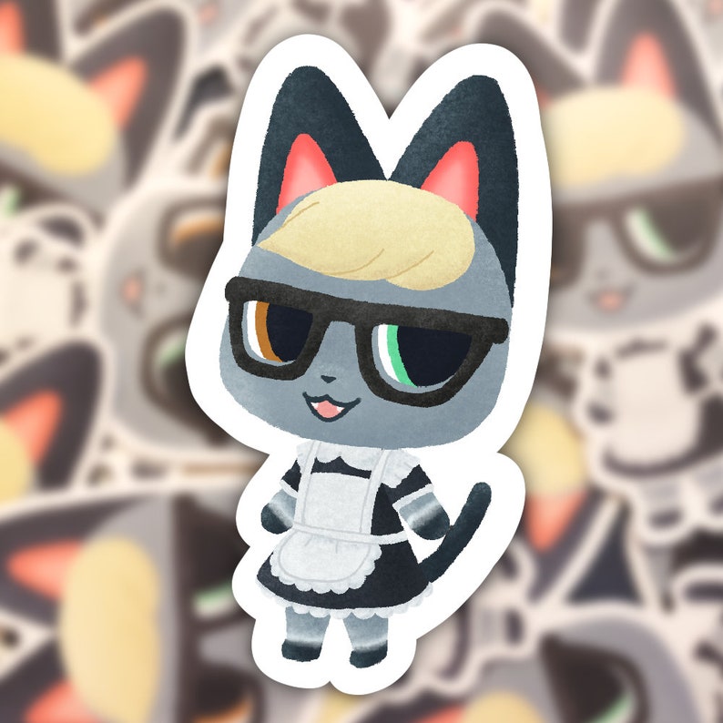 May include: A sticker featuring a cartoon cat character with gray fur, wearing black glasses and a maid outfit. The cat has a blonde hairstyle, and its eyes are brown and green. The sticker has a white border and is set against a background of similar stickers.