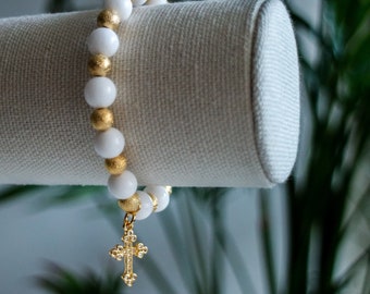 Gold Cross Gemstone Bracelet - Real Gold-Plated & White Jade