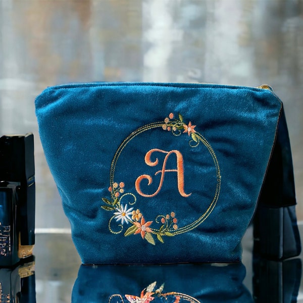 Custom Velvet Luxury Personalized Embroidered Makeup Bag in Teal or Pink