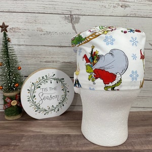 Christmas Grinch In Whooville Handmade Cotton Unisex Fitted Tie Back Surgical Medical Scrub Cap
