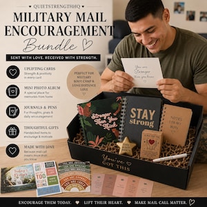 May include: A black gift box filled with stationery and encouragement cards. The box includes journals, a mini photo album, and a star-shaped item. The text on the box reads "MILITARY MAIL ENCOURAGEMENT Bundle".