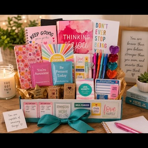 May include: A gift box filled with colorful stationery, including notebooks with text like Keep Going and Thinking of You, affirmation cards, pens, and heart-shaped accents. The box features a teal ribbon and labels with phrases like Reminders: More Self-Love.