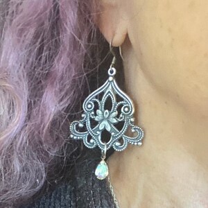 Unique Boho Silver & Vintage Swarovski AB Crystal Dangles! Floral Swirling Moroccan Earrings! Iridescent Gypsy!School Festival