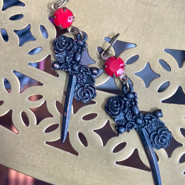 Gothic Sword Dangles! Black Rose Dagger, Blood Red Swarovski Crystals! Medieval! Arthurian! Steampunk! Crimson Cosplay Holiday Gift