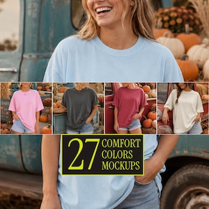 May include: A collection of short-sleeved crew neck t-shirts in various solid colors including light blue, pink, dark gray, maroon, and cream. The image features a central text overlay that reads 27 COMFORT COLORS MOCKUPS in yellow and white.
