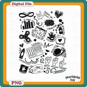 May include: Digital file in black and white featuring hand-drawn illustrations and text. Includes a brain, hand gestures, a heart, a fidget spinner, and the words "Inclusion", "Sensory is my love", and "I love you".