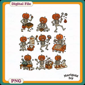 May include: A digital file featuring a collection of Halloween-themed illustrations. Each illustration depicts a skeleton with a pumpkin head engaged in various activities, such as playing games and trick-or-treating. The image includes the text "Digital File" and "PNG".