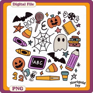 May include: A digital file with a collection of Halloween-themed illustrations. Includes a ghost, bats, candy corn, a spider web, a pumpkin, a pencil, and the text "BOO!" and "ABC". The file is labeled "PNG" and "Digital File".