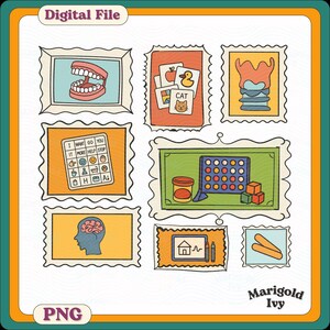 May include: A digital file with vintage-style illustrations of educational and therapeutic aids. The images include teeth, flashcards, a communication board, a brain, a game, a house drawing, and more. The file is labeled "Digital File" and "PNG".