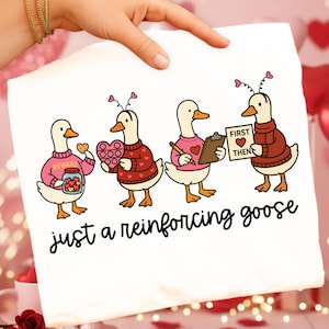 May include: White t-shirt featuring a cartoon illustration of four geese in sweaters, each holding Valentine's Day-themed items. The text "just a reinforcing goose" is printed below the geese. The geese are wearing pink and red sweaters.