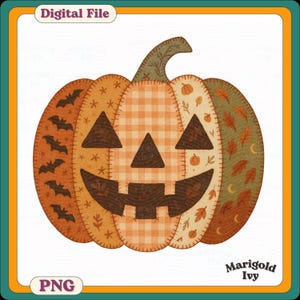 Puede incluir: Un archivo digital de una calabaza de retazos con una cara tallada, murciélagos, hojas y un patrón de cuadros. La calabaza es en tonos naranja, marrón y verde. El texto "Digital File" y "PNG" están en la parte superior e inferior, y "Marigold Ivy" en la parte inferior derecha.