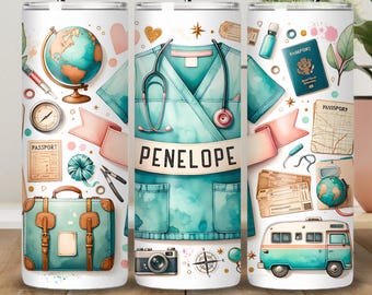 Vaso térmico personalizado para enfermera de viaje, vaso térmico para enfermera de emergencias de 20 oz, vaso térmico delgado PNG, diseño de sublimación para vaso térmico de enfermera, descarga