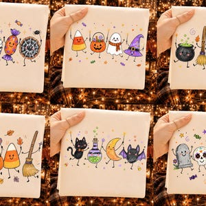 Op de afbeelding: Een verzameling van zes witte stoffen vierkanten, elk voorzien van een unieke, kleurrijke illustratie van antropomorfe Halloween-figuren, waaronder spoken, pompoenen, snoepjes, een zwarte kat, een vleermuis, een schedel en een heksenbezem.