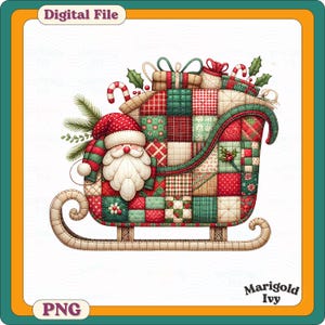Può includere: Un file digitale con un design natalizio festivo. L'immagine mostra Babbo Natale su una slitta piena di regali e bastoncini di zucchero. La slitta è decorata con un motivo patchwork rosso e verde.