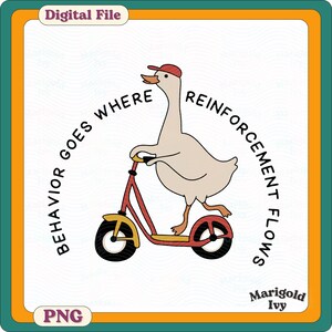 May include: A digital file featuring a cartoon goose riding a red and yellow scooter, wearing a red cap. The text around the goose reads "BEHAVIOR GOES WHERE REINFORCEMENT FLOWS". The image has a white background with a green and orange border.