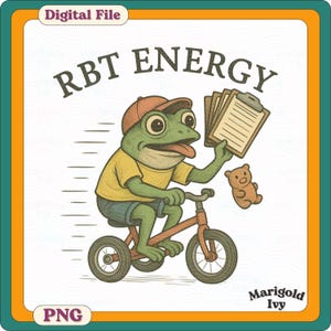 May include: Digital file featuring a cartoon frog riding a tricycle, holding clipboards and a teddy bear. The frog wears a yellow shirt, blue shorts, and a red cap. Text reads "RBT ENERGY" and "PNG". The artist's name, "Marigold Ivy", is also visible.
