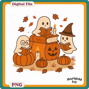 May include: A digital file featuring a Halloween-themed illustration. Three cartoon ghosts are reading books atop pumpkins and books, with candles and fall leaves. The image includes the text "Digital File" and "PNG".