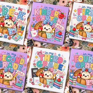 May include: A collection of six square art prints featuring cartoon dumplings in bamboo steamers with school supplies and text including in my PRE-K era, KINDERGARTEN era, FIRST GRADE era, SECOND GRADE era, THIRD GRADE era, and FOURTH GRADE era.