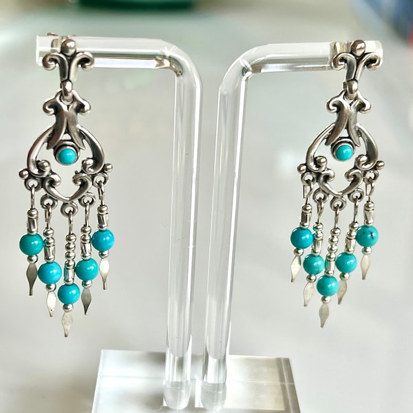 QT Quoc 925 Sterling Silver Vintage Southwestern Turquoise Chandelier Earrings with Dangling Fringe