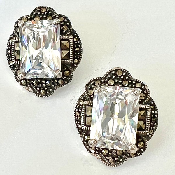 CFJ Collins Fine Jewelry Sterling Silver Marcasite Piece Earrings with Large Emerald Cut Lab Diamond