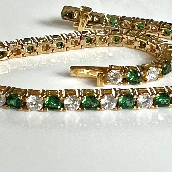 Gold-plated 925  DQCZ Tennis  Style Chain Link Bracelet with Synthetic Clear and Green Gems. Mardi Gras bracelet.