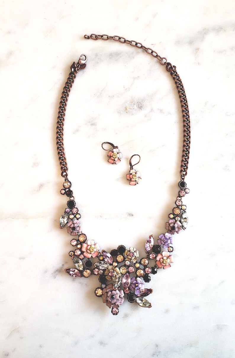 peach Classic collection set Designer chunky flower necklace pink rose gold Joan Rivers flower earrings-purple
