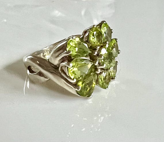 Peridot Cocktail Ring in Sterling Silver with Flo… - image 1