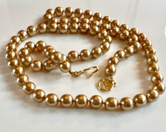 Kenneth Jay Lane KJL Faux Single Strand Golden Pearl Necklace with Monogrammed Clasp