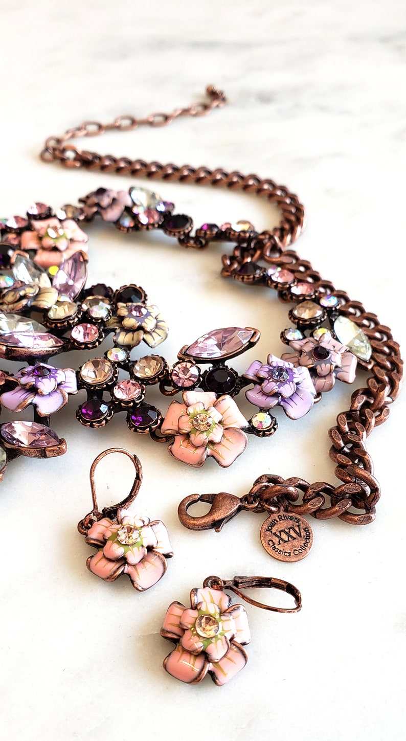 peach Classic collection set Designer chunky flower necklace pink rose gold Joan Rivers flower earrings-purple