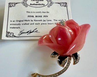 Kenneth Jay Lane KJL Pink Rose Pin Brooch with Signature Card