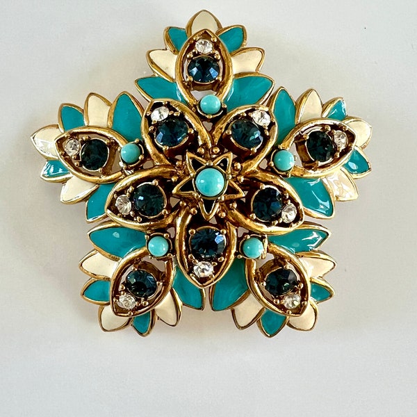 Joan Rivers Jewelry Gold-plated Off White and Turquoise Enamel Brooch with Blue and Clear Crystals