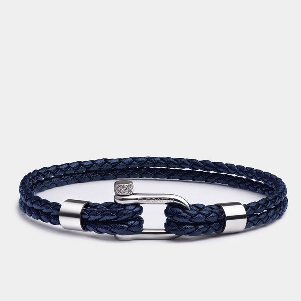 Navy Blue Braided Leather Bracelet – Italian Leather, Gift for Him