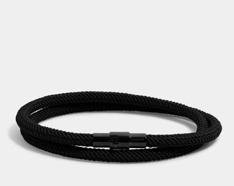 Pulsera de cuerda negra – Doble aro de acero inoxidable, regalo para él