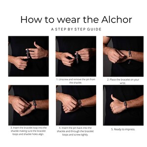 May include: A five-step guide on how to wear a black bracelet with a metal clasp. The guide shows how to remove the pin from the clasp, place the bracelet on the wrist, insert the bracelet loop into the shackle, insert the pin back into the shackle, and screw the pin tightly.