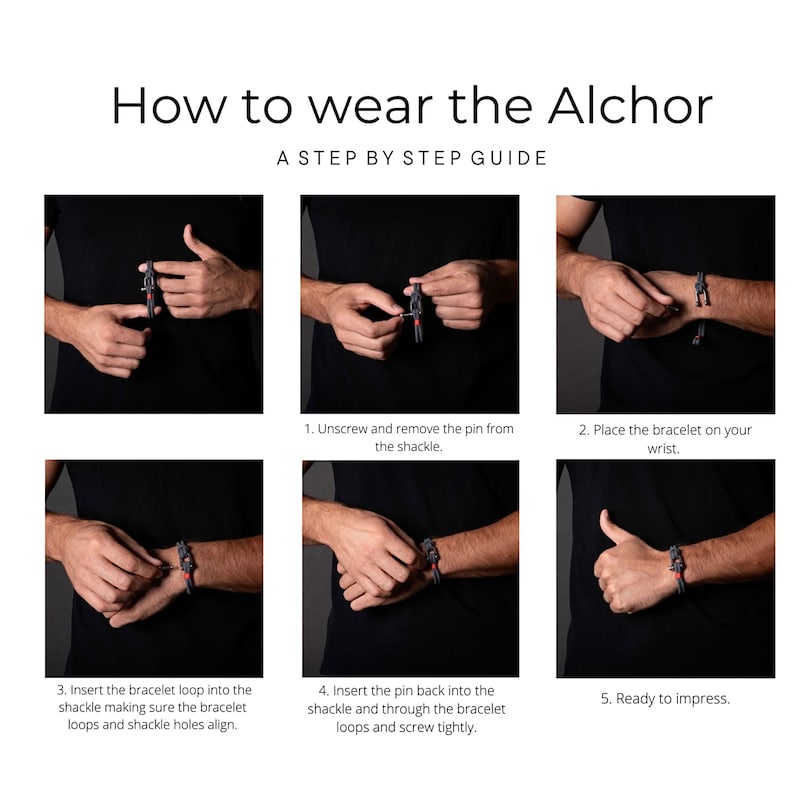 May include: A five-step guide on how to wear a black bracelet with a metal clasp. The guide shows how to remove the pin from the clasp, place the bracelet on the wrist, insert the bracelet loop into the shackle, insert the pin back into the shackle, and screw the pin tightly.