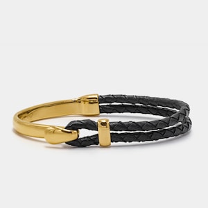 Men&#39;s Leather Braided Gold Cuff Bracelet - Elegatto Jewelry Gift for Him - Genuine Italian Leather Bracelet - Men&#39;s Gold Bangle Gift