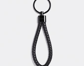 All Black Braided Leather Keyring - Minimalistic Gift for Men, Unisex Everyday Keyfob