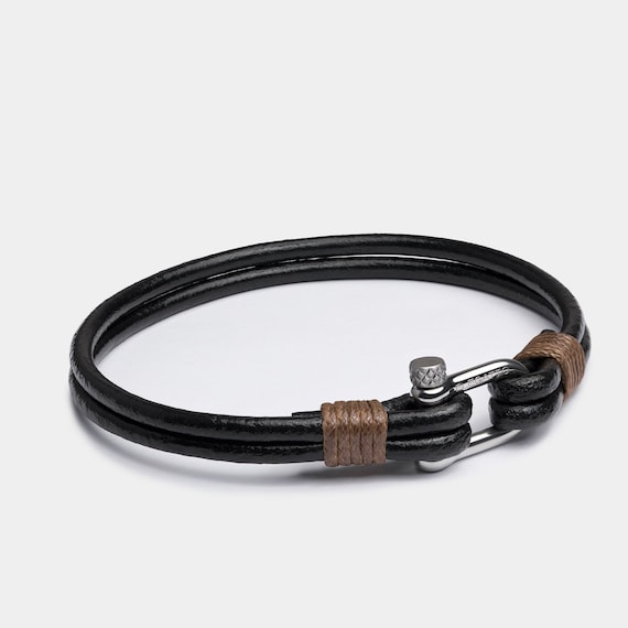 Bracciale Braccialetto Uomo acciaio con cinturino in cuoio nero