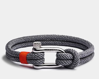 Alchor  Bracelet for Men - Nautical Gray and Vivid Red Nylon Cord with Silver-Plated Shackl