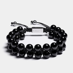 Men&#39;s Black Beaded Bracelet - Adjustable Stackable Stone Bracelet