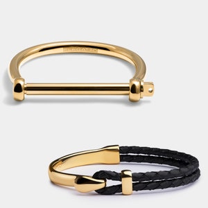Braided Leather and Gold Bracelet Set for Men - Minimalist Bangle, Elegant Accessory for Him